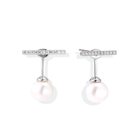 Rhodium-plated sterling silver ear jacket earrings with diamond-set horizontal bar and freshwater pearl drop