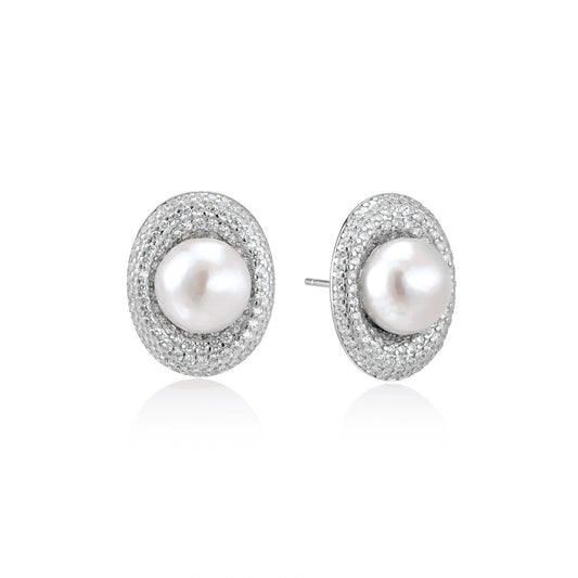 Sterling Silver Pearl Halo Stud Earrings by AlbaLuxe AlbaLuxe