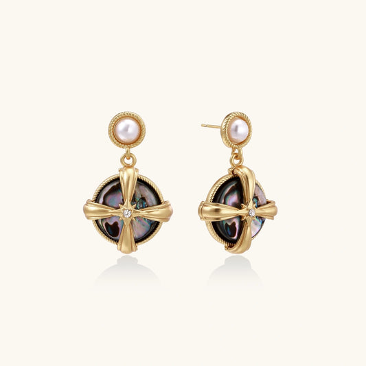 Gold-plated drop earrings with iridescent abalone shell and pearl studs in geometric design