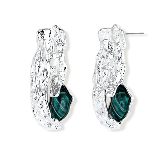 Organic-shaped stud earrings with hammered silver finish and green malachite-pattern resin stones on white background.