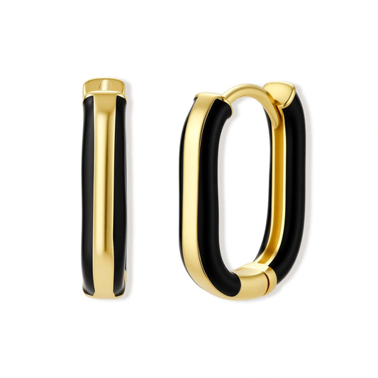 Modern hoop earrings with gold-plated and black sections, featuring hinged closure on white background.