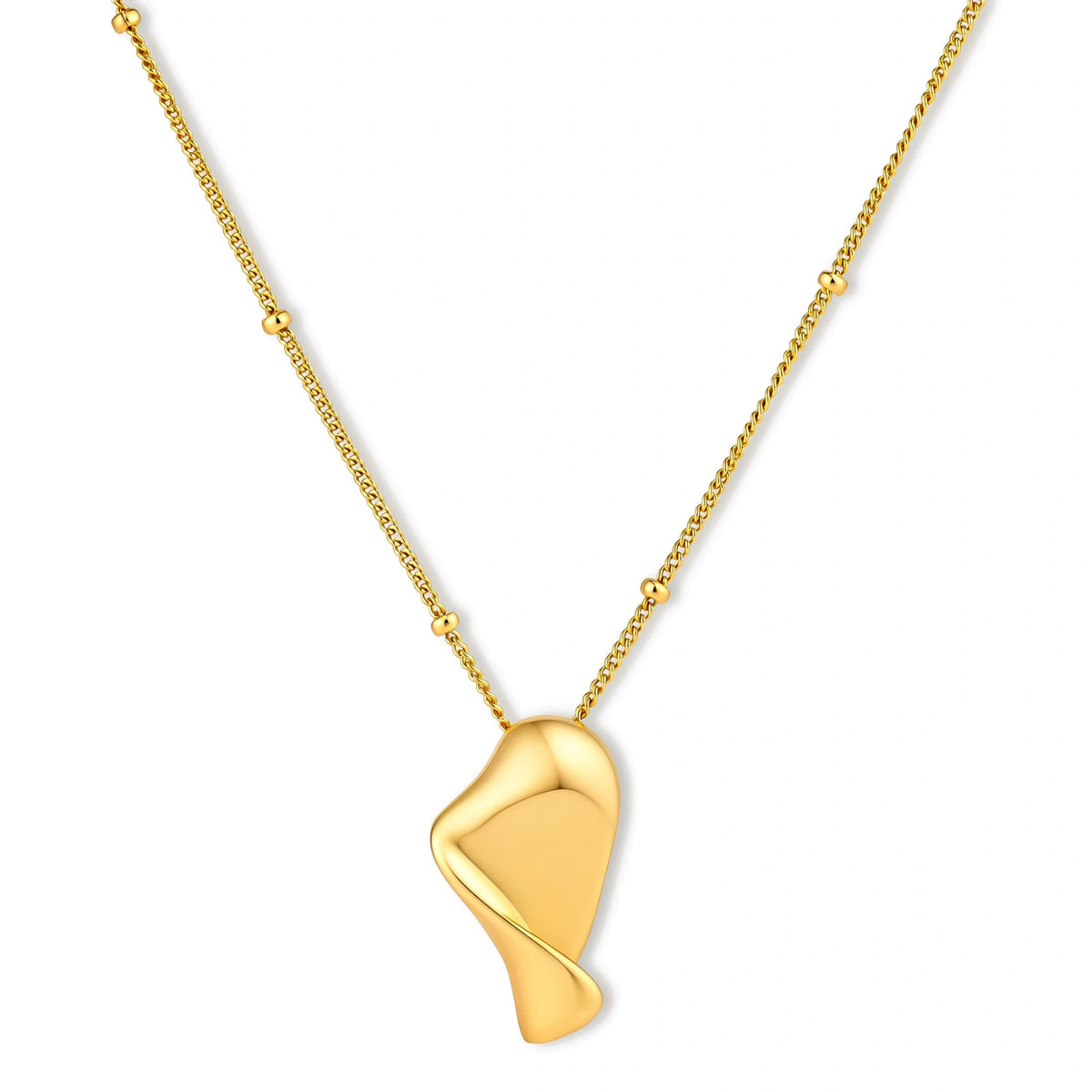 Gold-plated 925 sterling silver necklace with a twisted, fluid pendant and a beaded curb chain on a cream background.