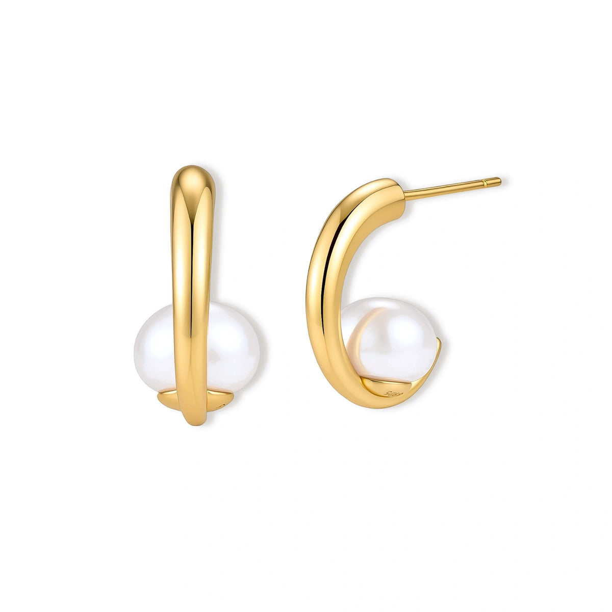 Pair of gold-plated sterling silver half-hoop earrings, each cradling a round white simulated pearl, on a cream background.