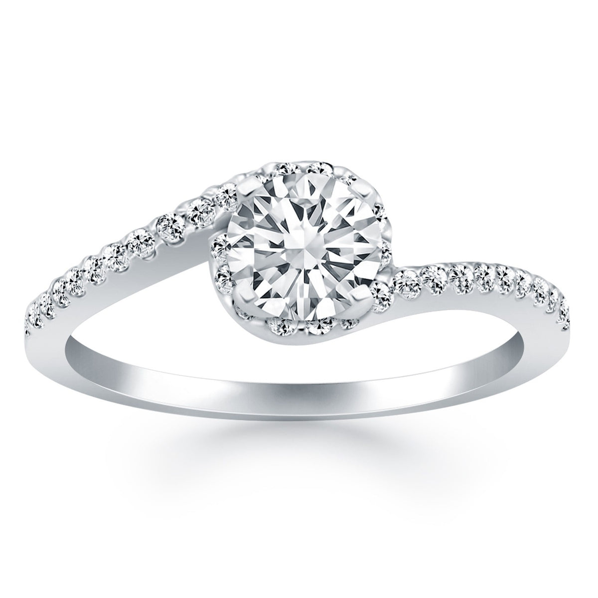 14k White Gold Bypass Swirl Diamond Halo Engagement Ring RCJ
