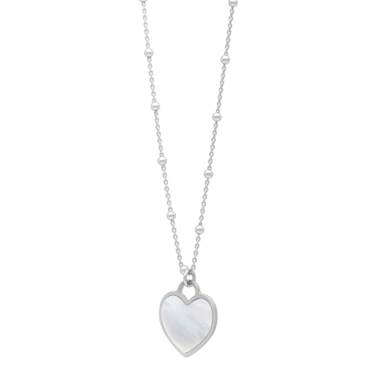 Sterling Silver Rhodium Plated and Mother of Pearl Heart Pendant Necklace RCJ