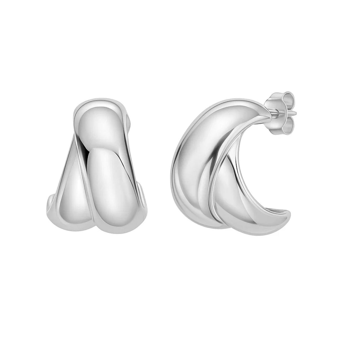 Sterling Silver Puffed Double Row Crossover C Hoop Earrings RCJ
