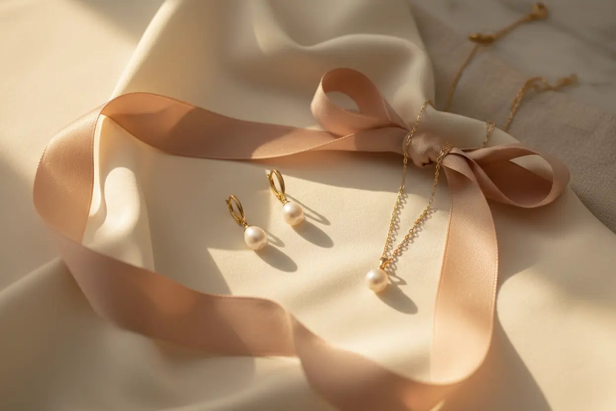 Pearl drop earrings and gold necklace on cream silk with blush ribbon — AlbaLuxe luxury jewellery gift guide
