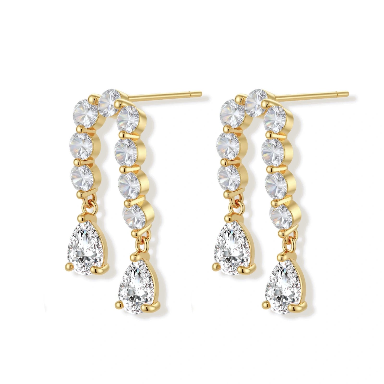 Gold-plated earrings with vertical line of clear crystals and teardrop pendants on neutral background