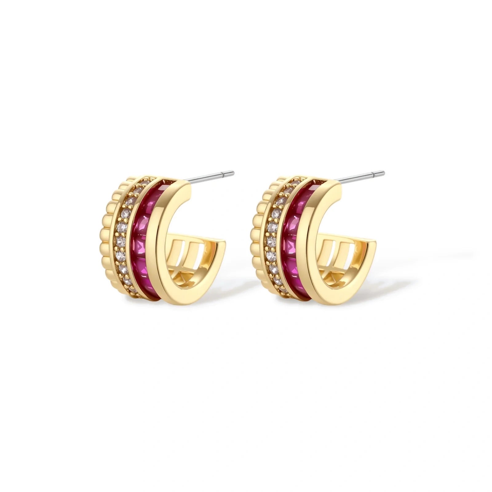 Three-piece jewelry set featuring 14K gold plated pieces with deep red cubic zirconia stones and clear crystals on cream background.