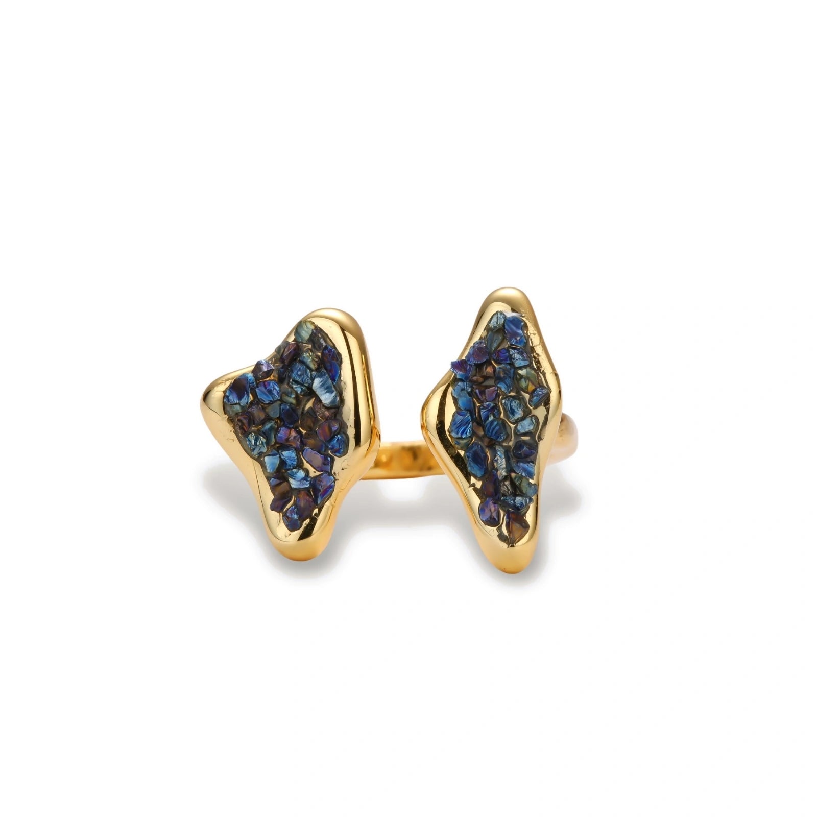 Adjustable gold-plated open cuff ring featuring clustered blue natural stones at each end on neutral background.