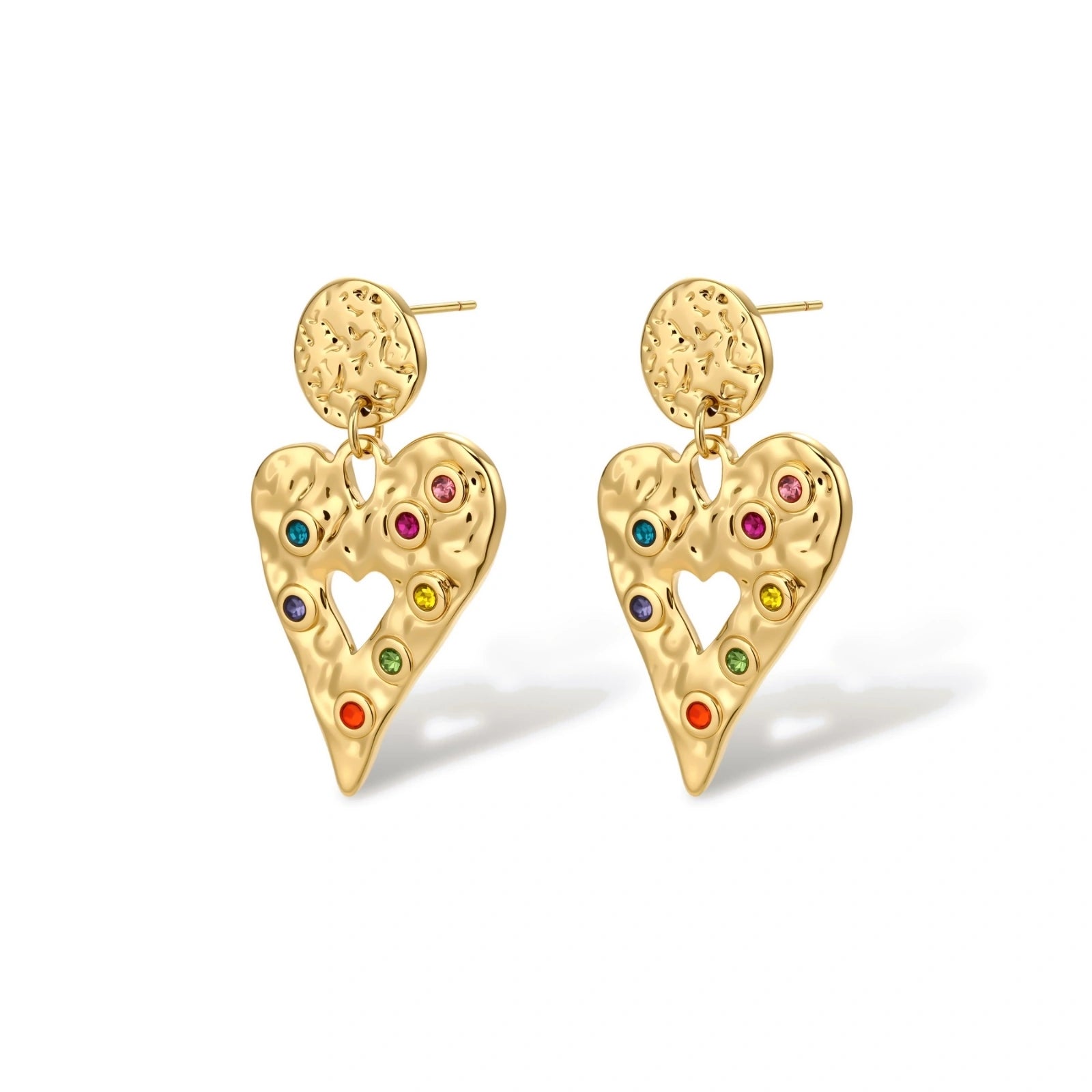 Gold hammered heart drop earrings with rainbow cubic zirconia stones and textured coin stud, 18K gold plated stainless steel.