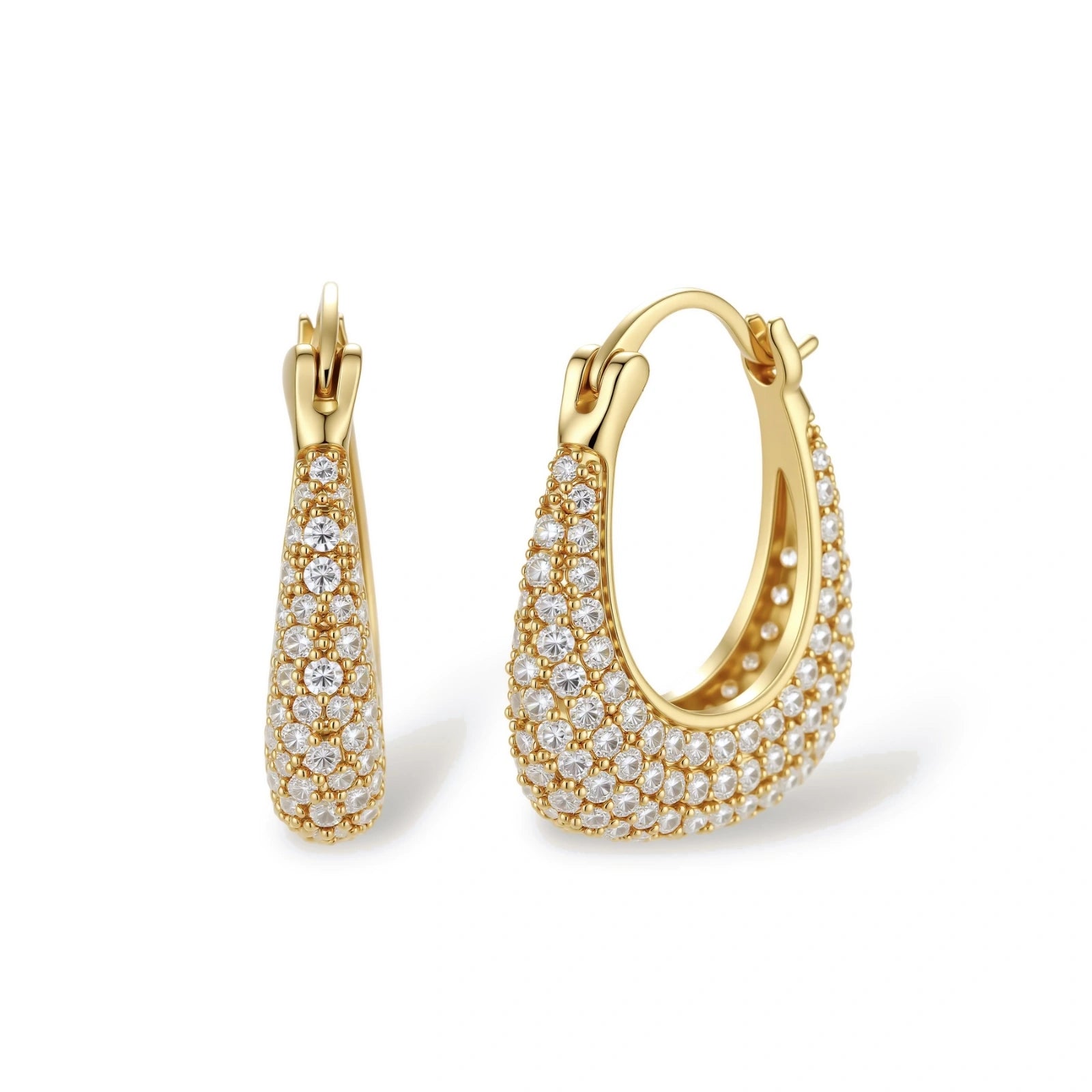 Gold-plated hoop earrings fully covered in sparkling zircon crystals with hinged closure on neutral background
