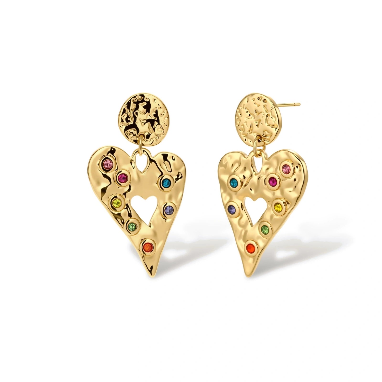 Gold hammered heart drop earrings with rainbow cubic zirconia stones and textured coin stud, 18K gold plated stainless steel.