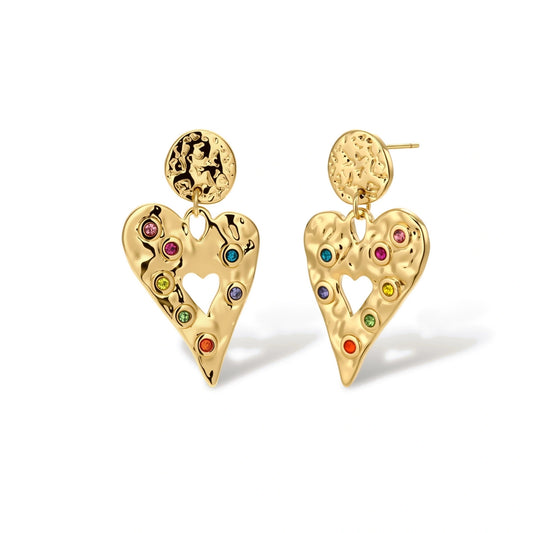 Gold hammered heart drop earrings with rainbow cubic zirconia stones and textured coin stud, 18K gold plated stainless steel.