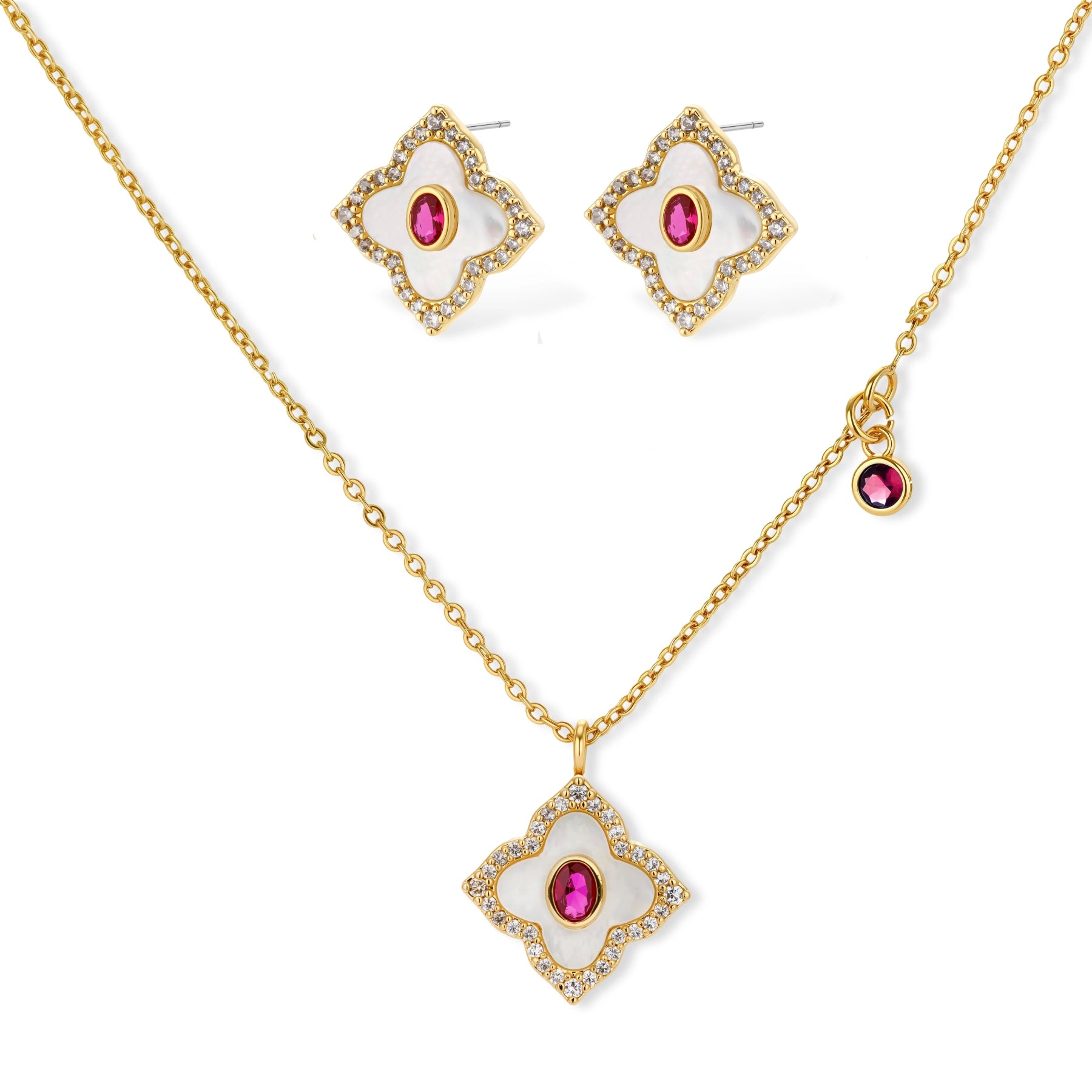 Gold-plated quatrefoil necklace and earring set with white enamel, pink cubic zirconia centers, and crystal borders