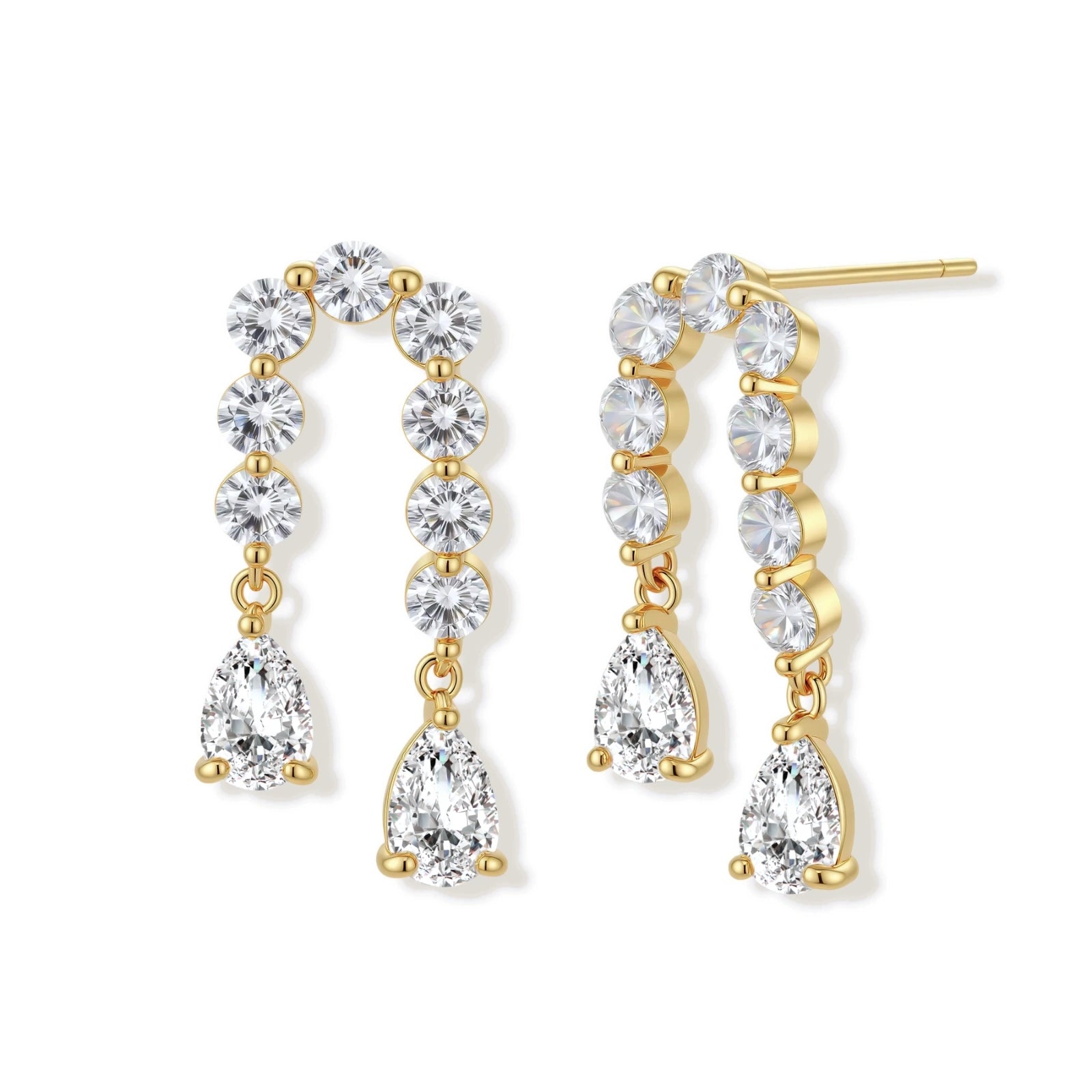 Gold-plated earrings with vertical line of clear crystals and teardrop pendants on neutral background