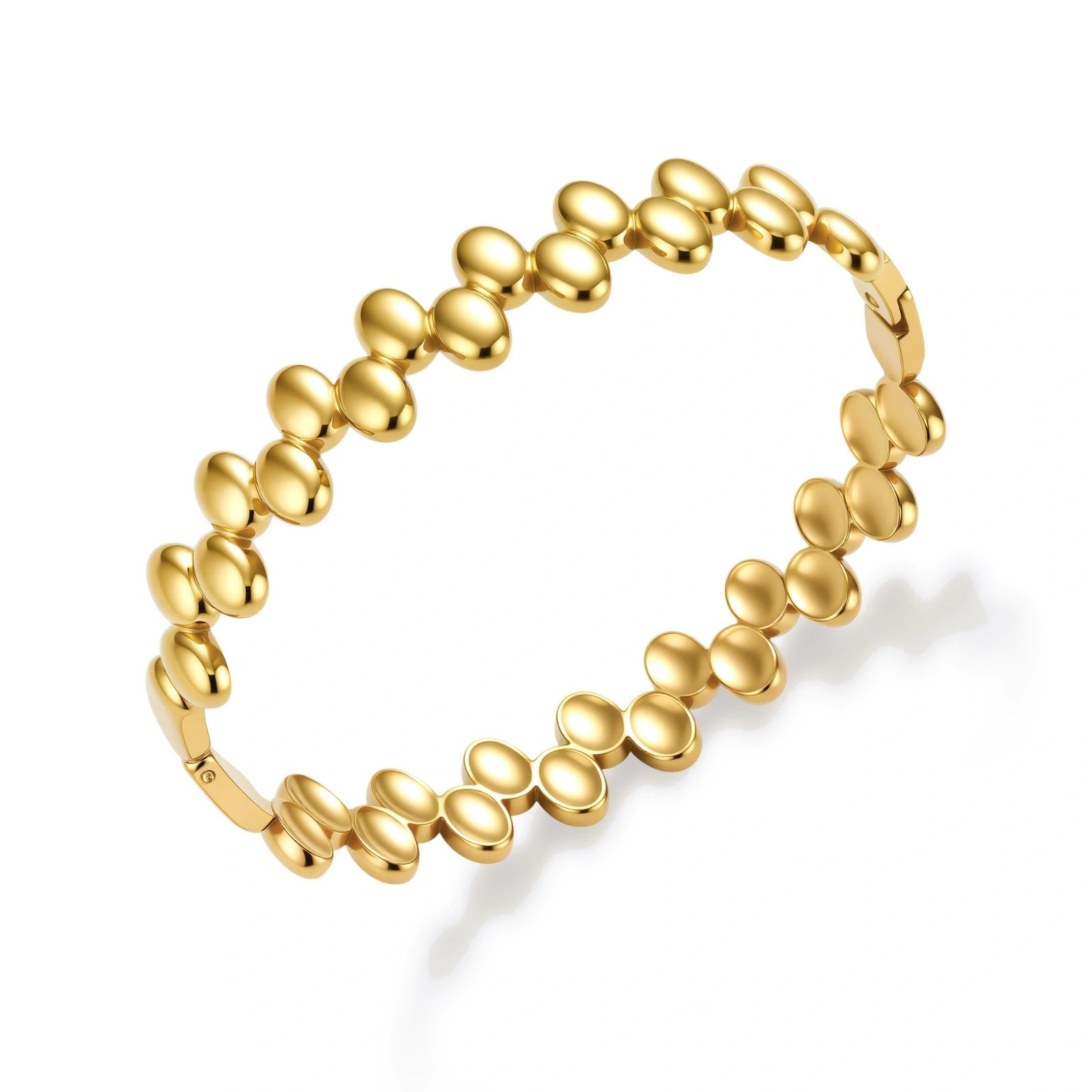 18K gold plated stainless steel bangle with dual rows of polished oval pebble beads on a cream background.