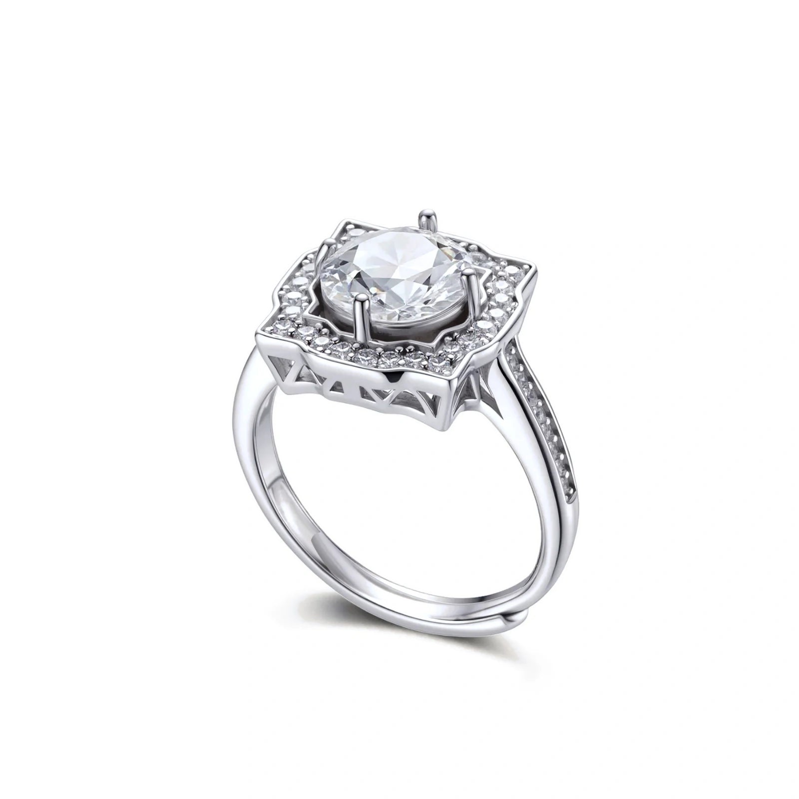 Sterling silver ring with round moissanite center stone in ornate scalloped halo setting on white background.