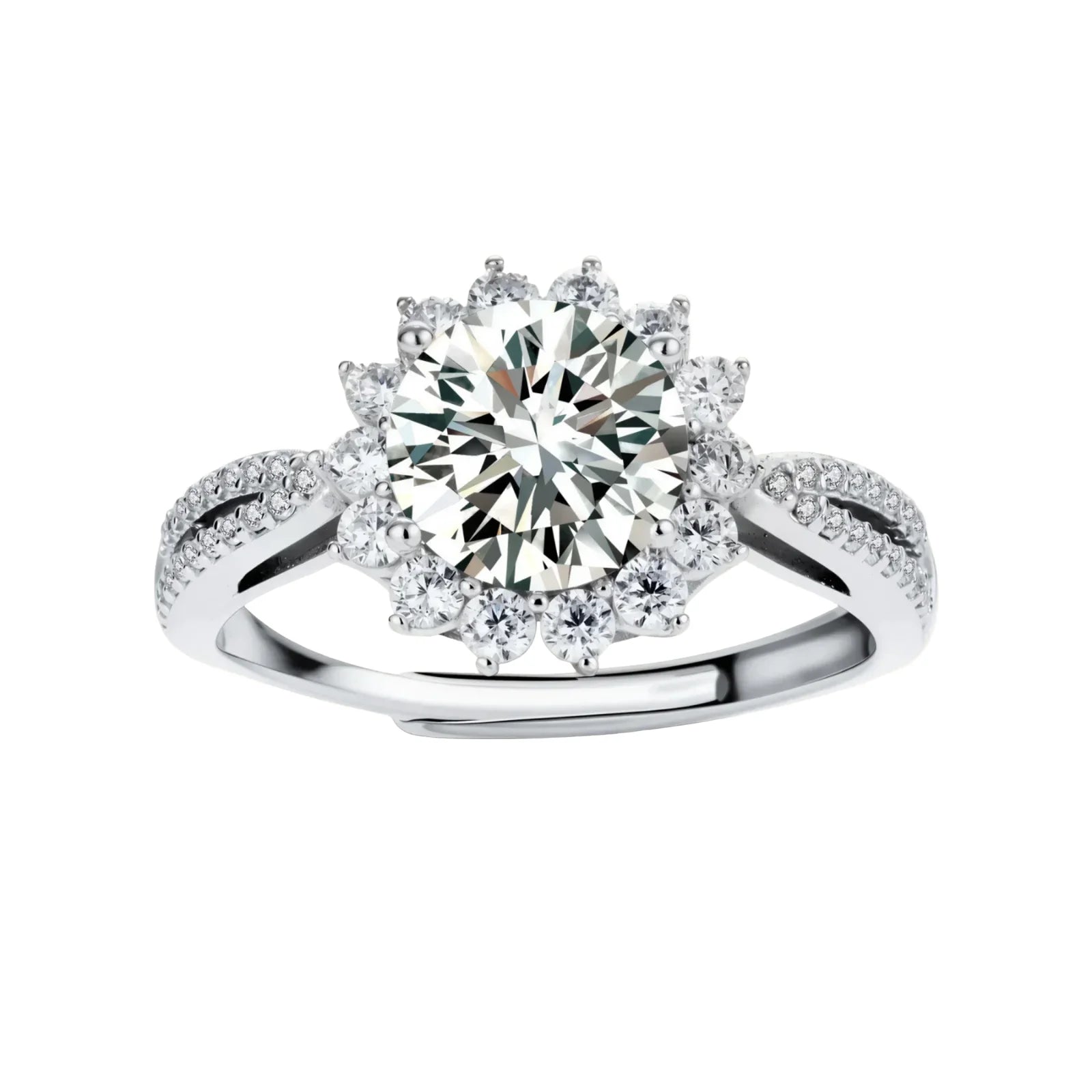 Close-up of sterling silver halo ring with brilliant round moissanite center stone surrounded by smaller accent stones