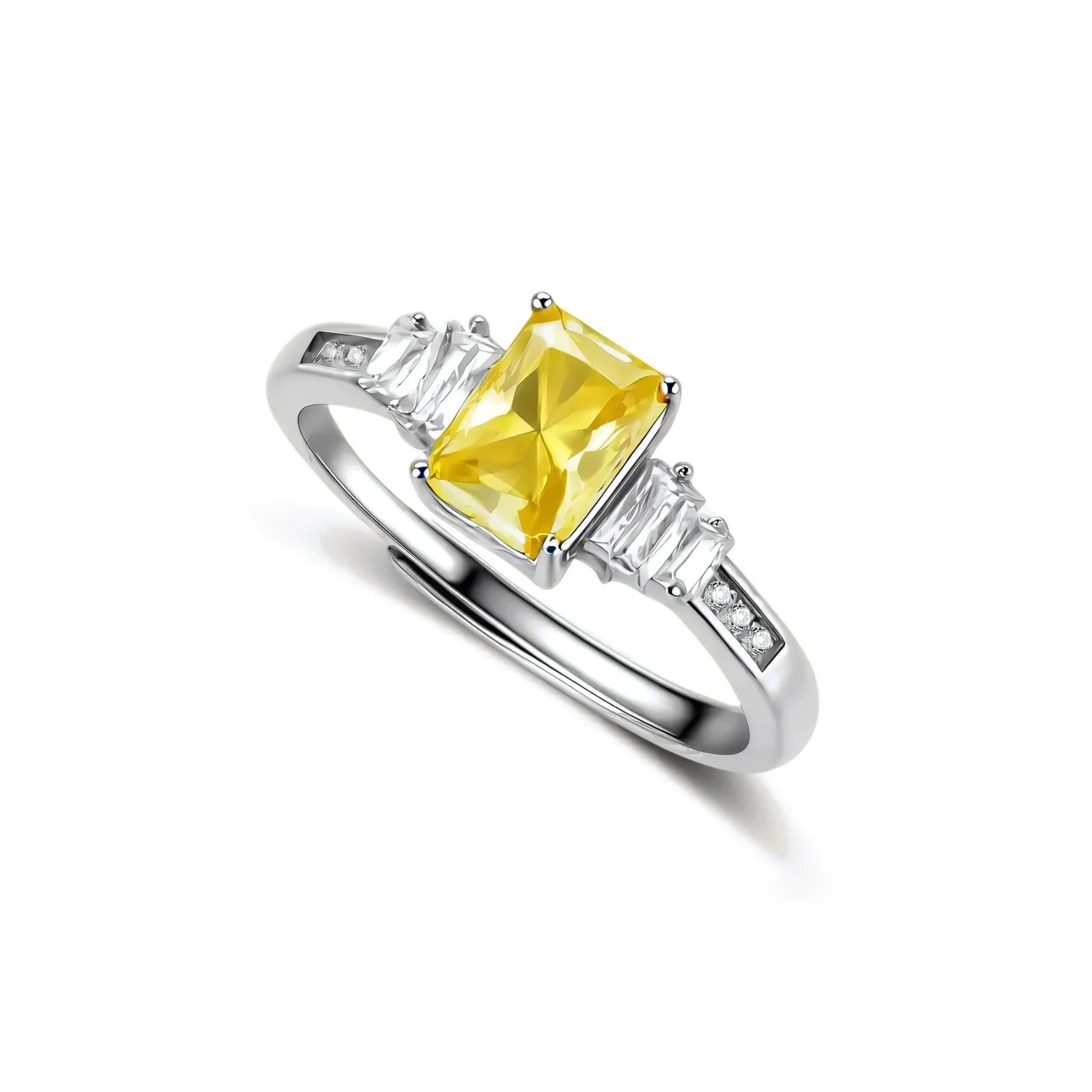 Sterling silver ring with emerald-cut yellow moissanite center stone and clear baguette side stones in elegant setting