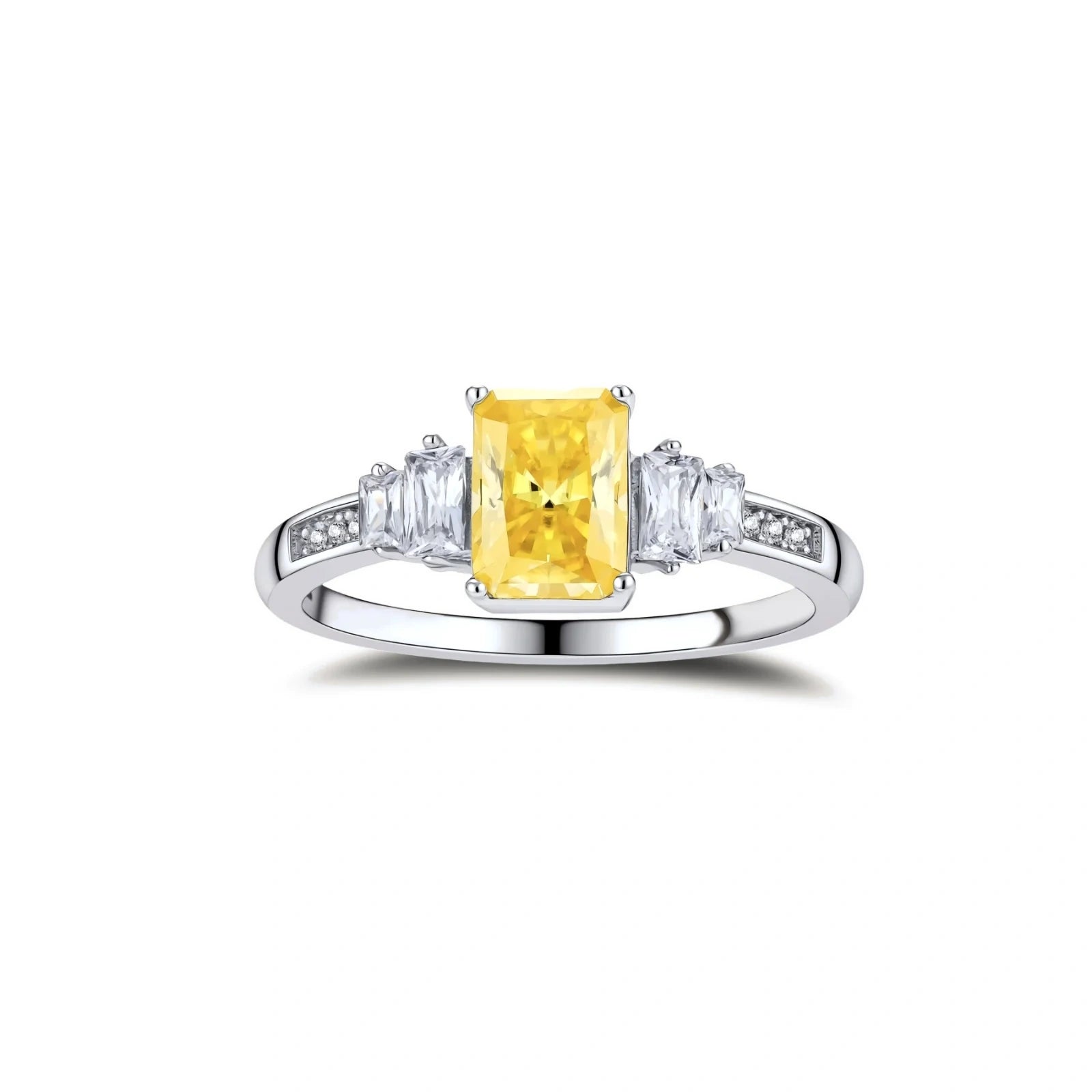 Sterling silver ring with emerald-cut yellow moissanite center stone and clear baguette side stones in elegant setting