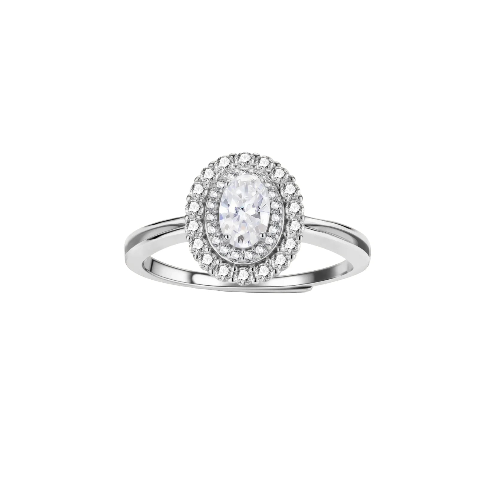 Sterling silver ring with oval moissanite center stone surrounded by double halo of sparkling stones on neutral background.