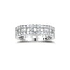 Wide sterling silver ring with three rows of brilliant moissanite stones in geometric pavé setting on white background