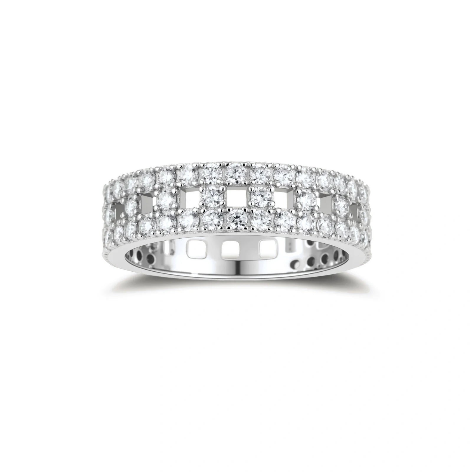 Wide sterling silver ring with three rows of brilliant moissanite stones in geometric pavé setting on white background