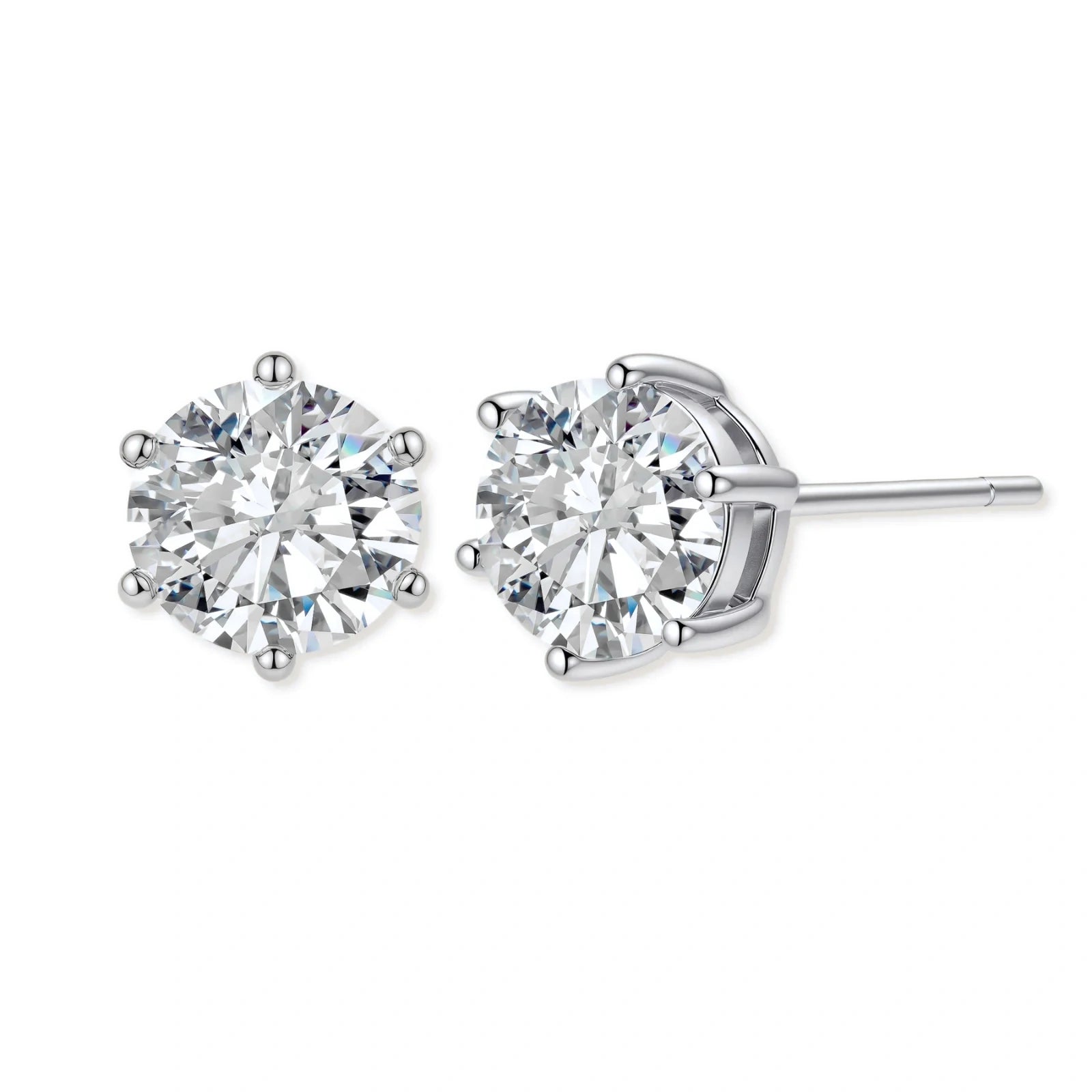 Close-up of round brilliant-cut moissanite stud earrings in 6-prong sterling silver settings showing exceptional sparkle