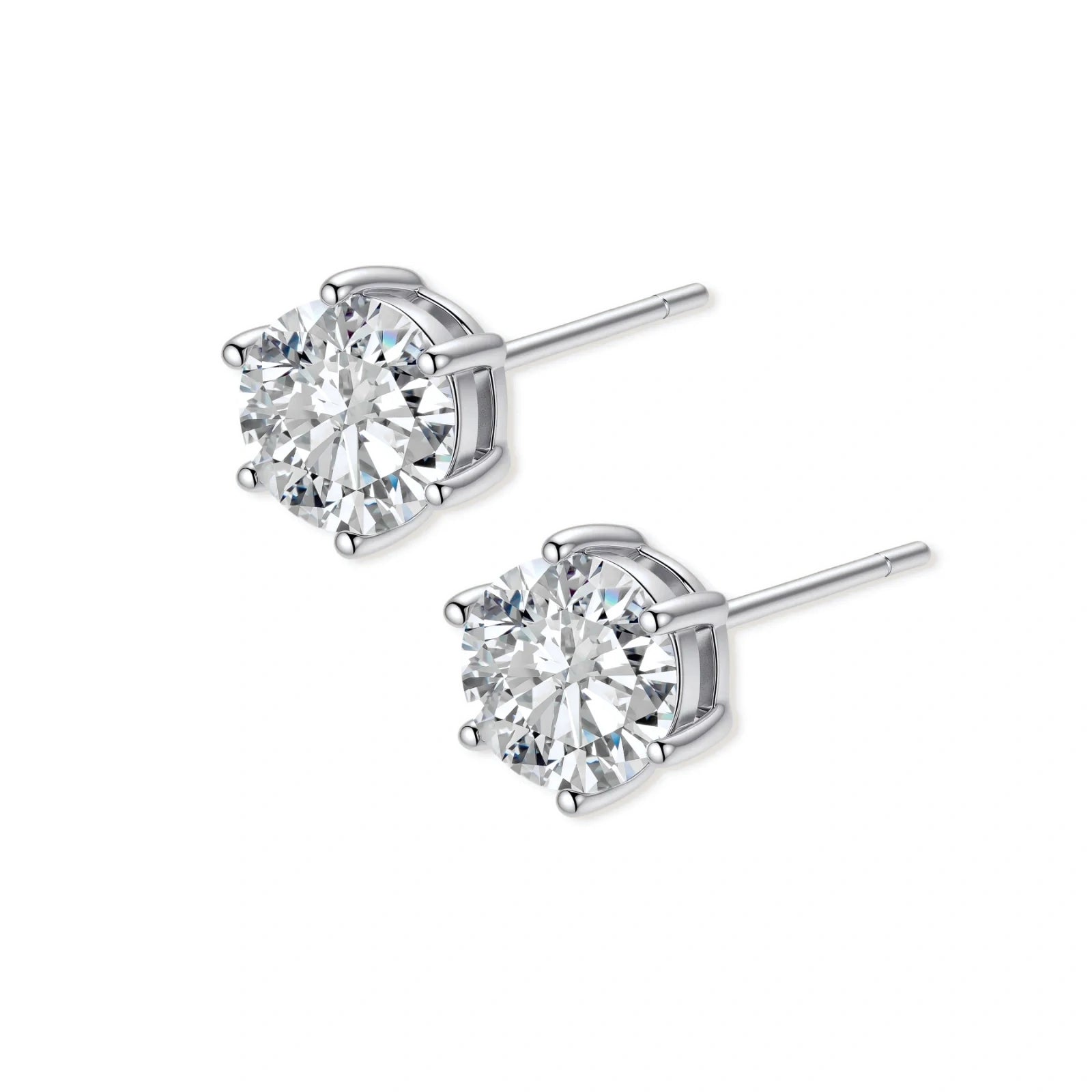 Close-up of round brilliant-cut moissanite stud earrings in 6-prong sterling silver settings showing exceptional sparkle