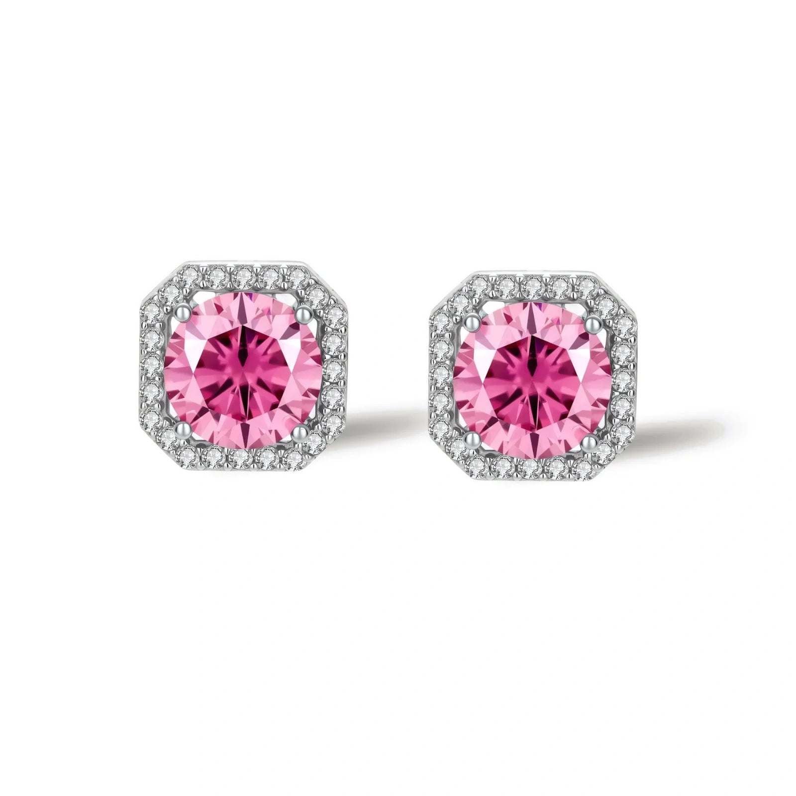 Pink moissanite studs in octagonal sterling silver halo settings with sparkling accent stones on cream background.