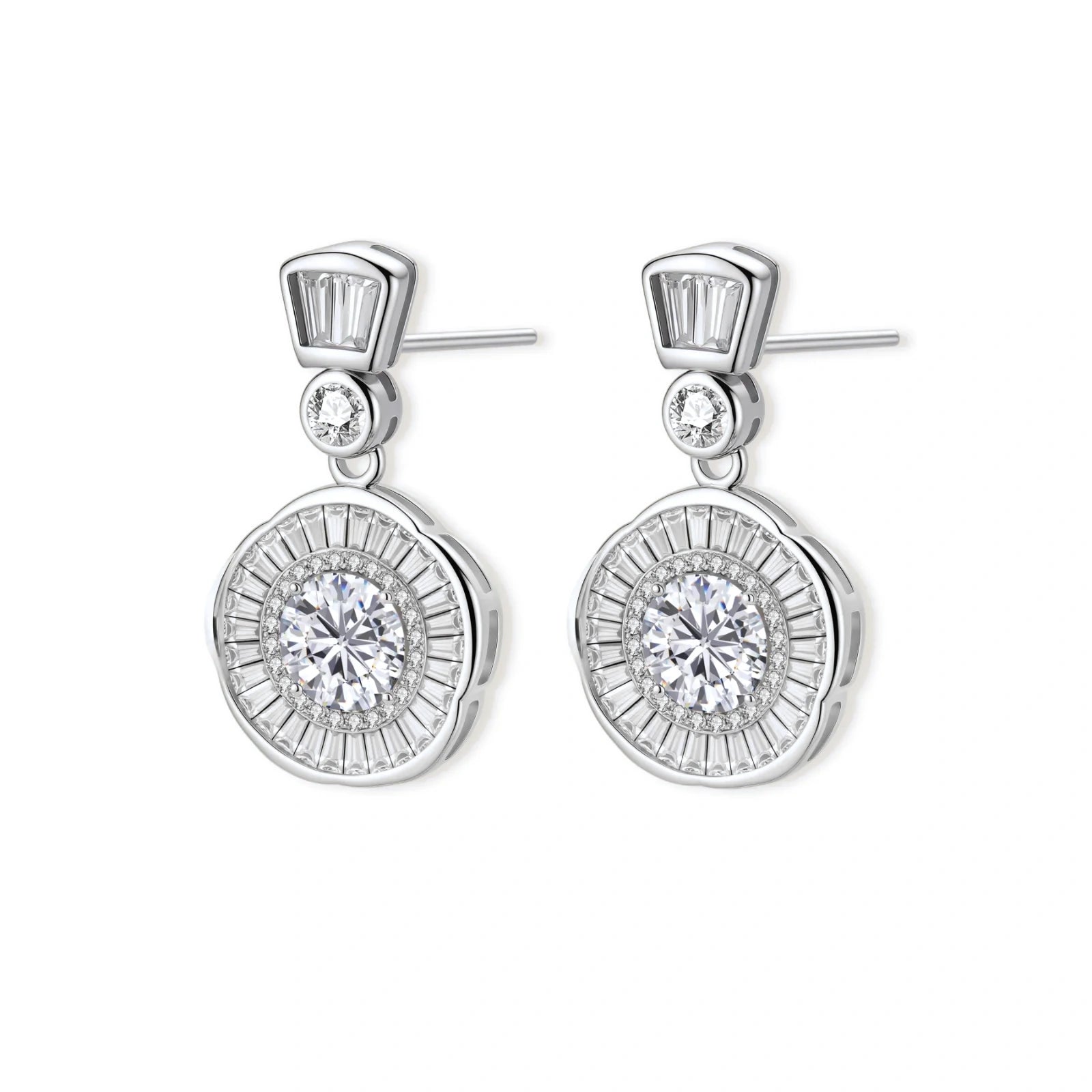 Art Deco-inspired sterling silver drop earrings with tiered moissanite stones in geometric sunburst design