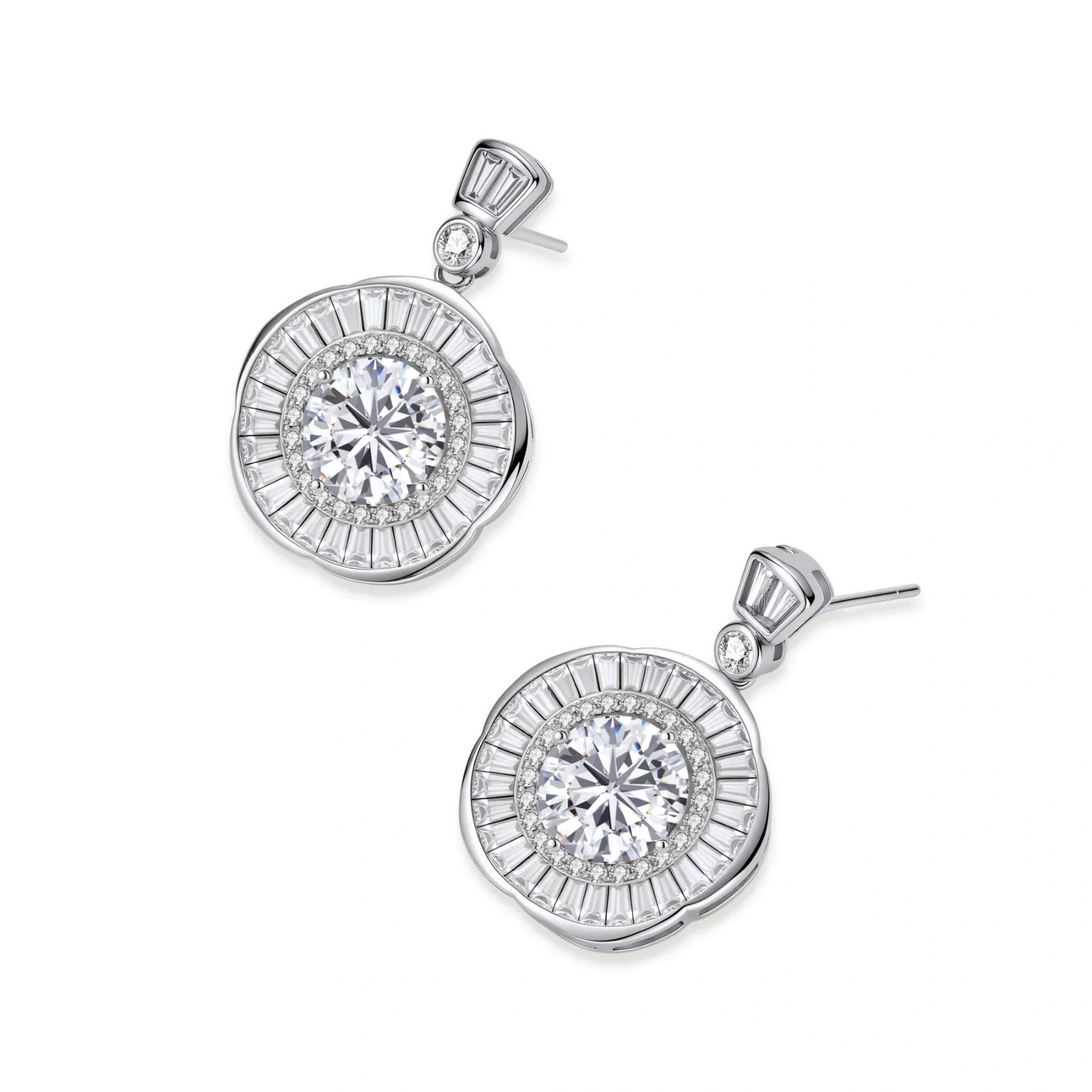 Art Deco-inspired sterling silver drop earrings with tiered moissanite stones in geometric sunburst design