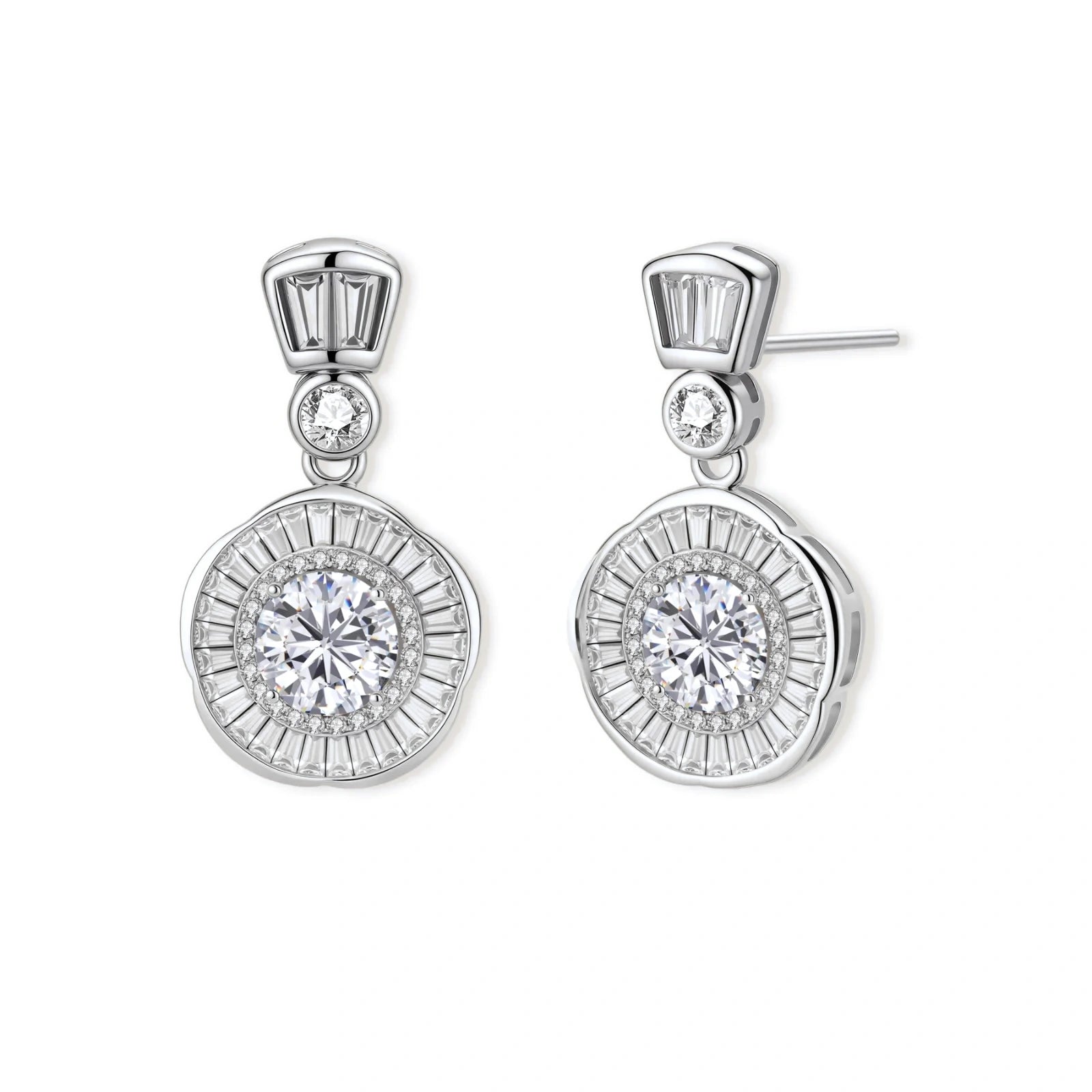Art Deco-inspired sterling silver drop earrings with tiered moissanite stones in geometric sunburst design