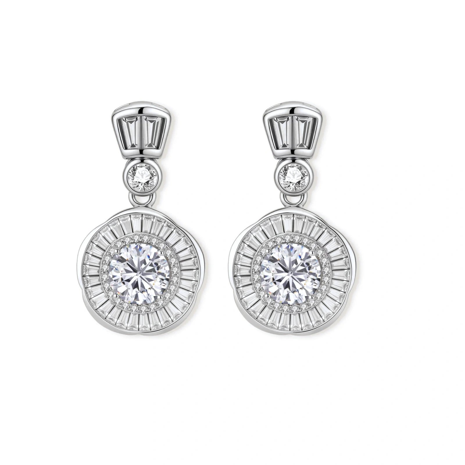 Art Deco-inspired sterling silver drop earrings with tiered moissanite stones in geometric sunburst design