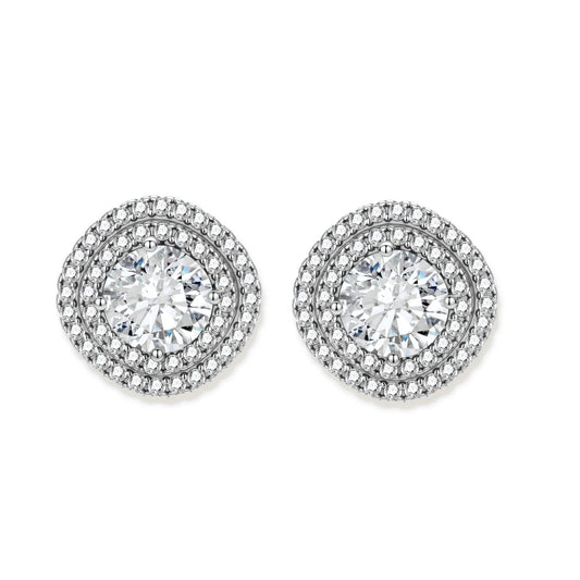 Double halo sterling silver stud earrings with brilliant round moissanite center stones and pavé crystal accents