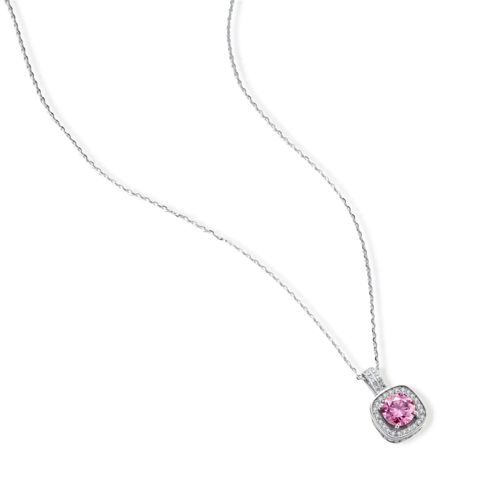 Sterling silver necklace with cushion-cut pink moissanite in diamond halo setting on white background