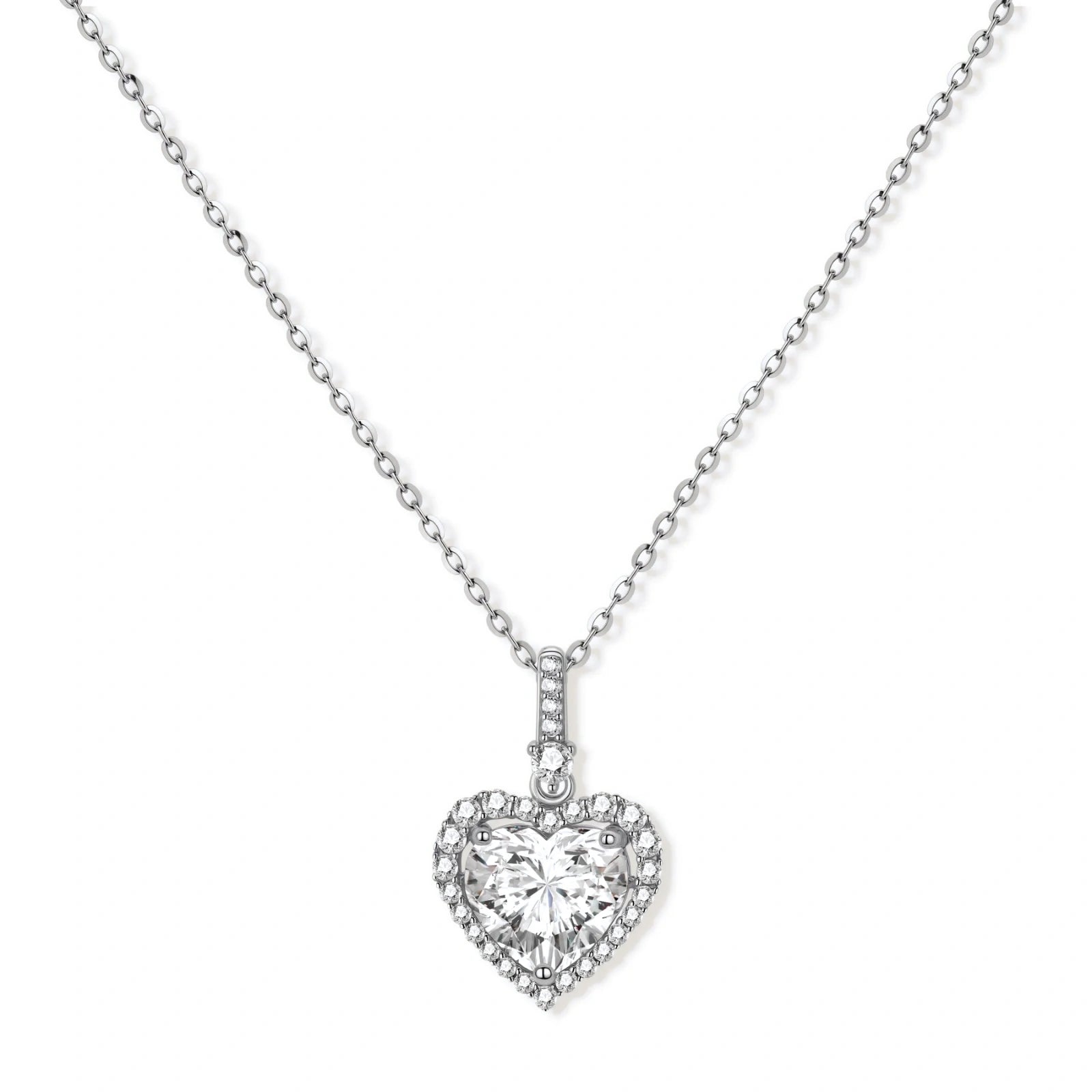 Sterling silver heart pendant necklace with brilliant moissanite center stone and halo setting on delicate chain