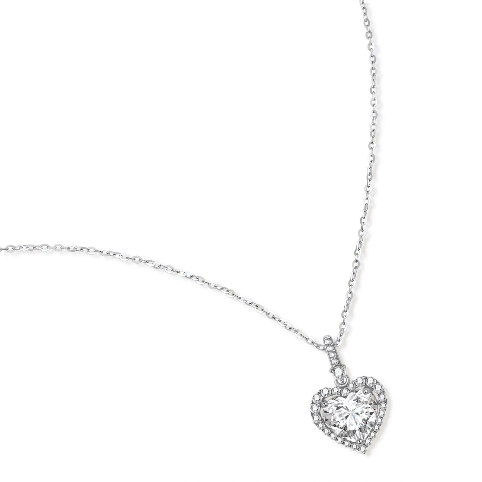 Sterling silver heart pendant necklace with brilliant moissanite center stone and halo setting on delicate chain