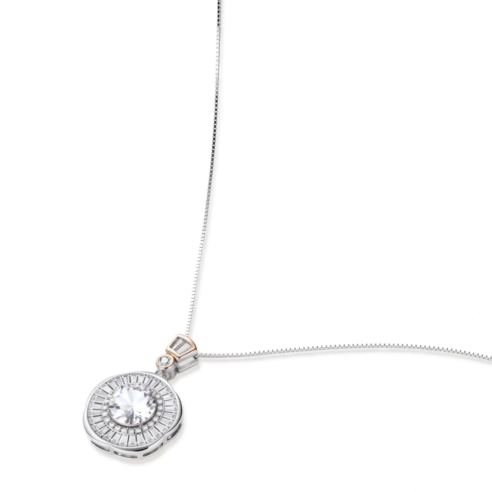 Sterling silver necklace with circular geometric pendant featuring central moissanite and radial baguette pattern.