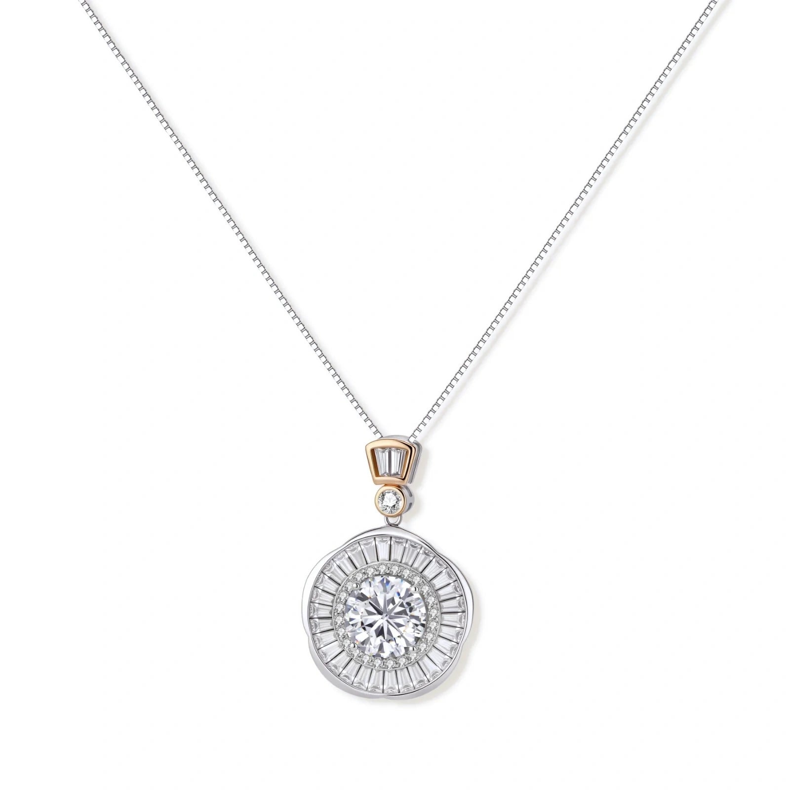 Sterling silver necklace with circular geometric pendant featuring central moissanite and radial baguette pattern.
