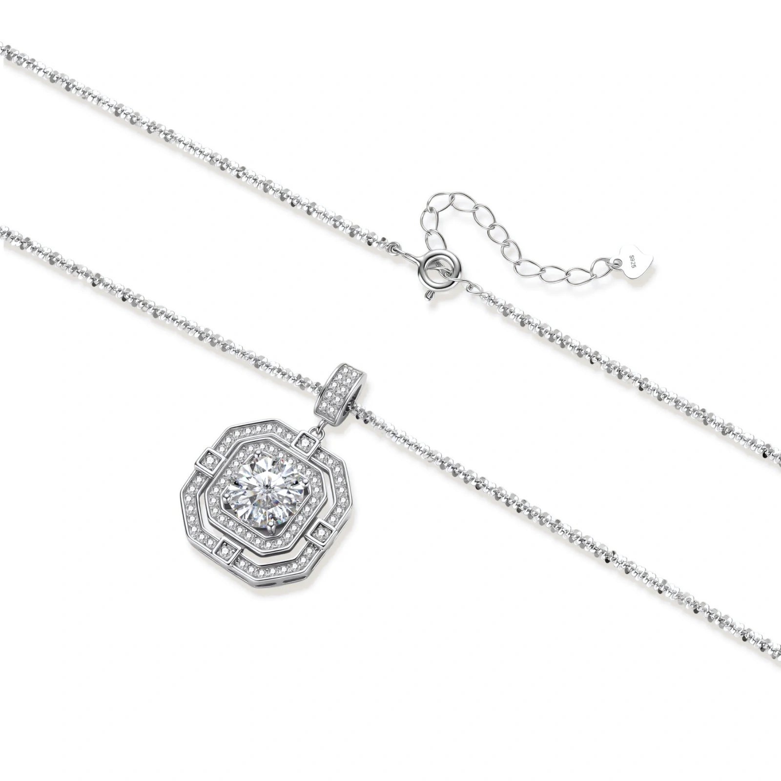 Sterling silver octagonal pendant necklace with brilliant moissanite center stone and halo setting on white background.