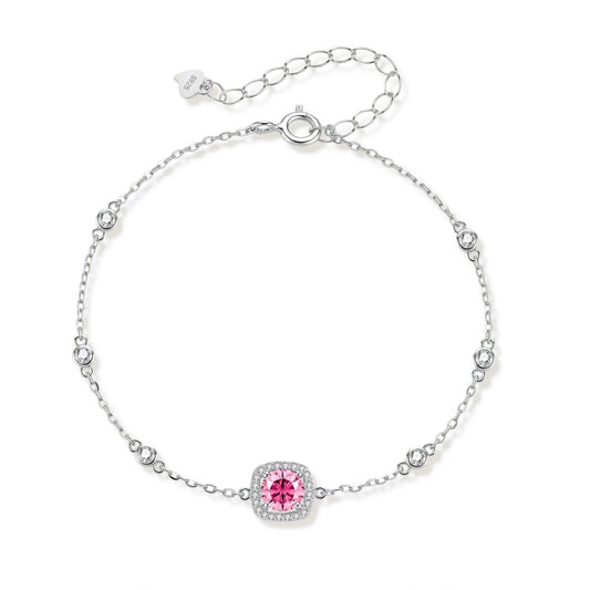 Elegant sterling silver chain bracelet featuring pink moissanite center stone in cushion halo setting with adjustable clasp