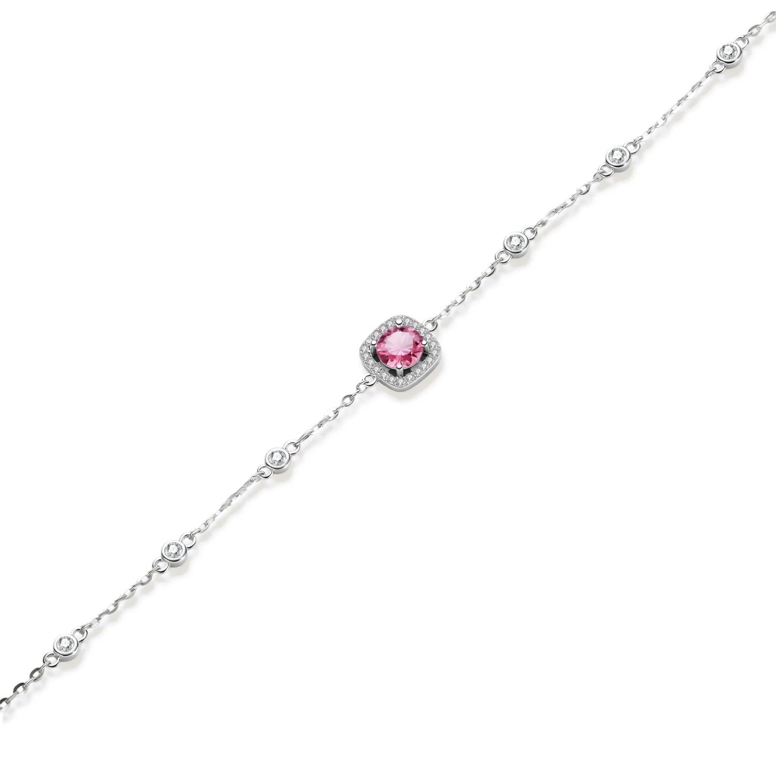 Elegant sterling silver chain bracelet featuring pink moissanite center stone in cushion halo setting with adjustable clasp