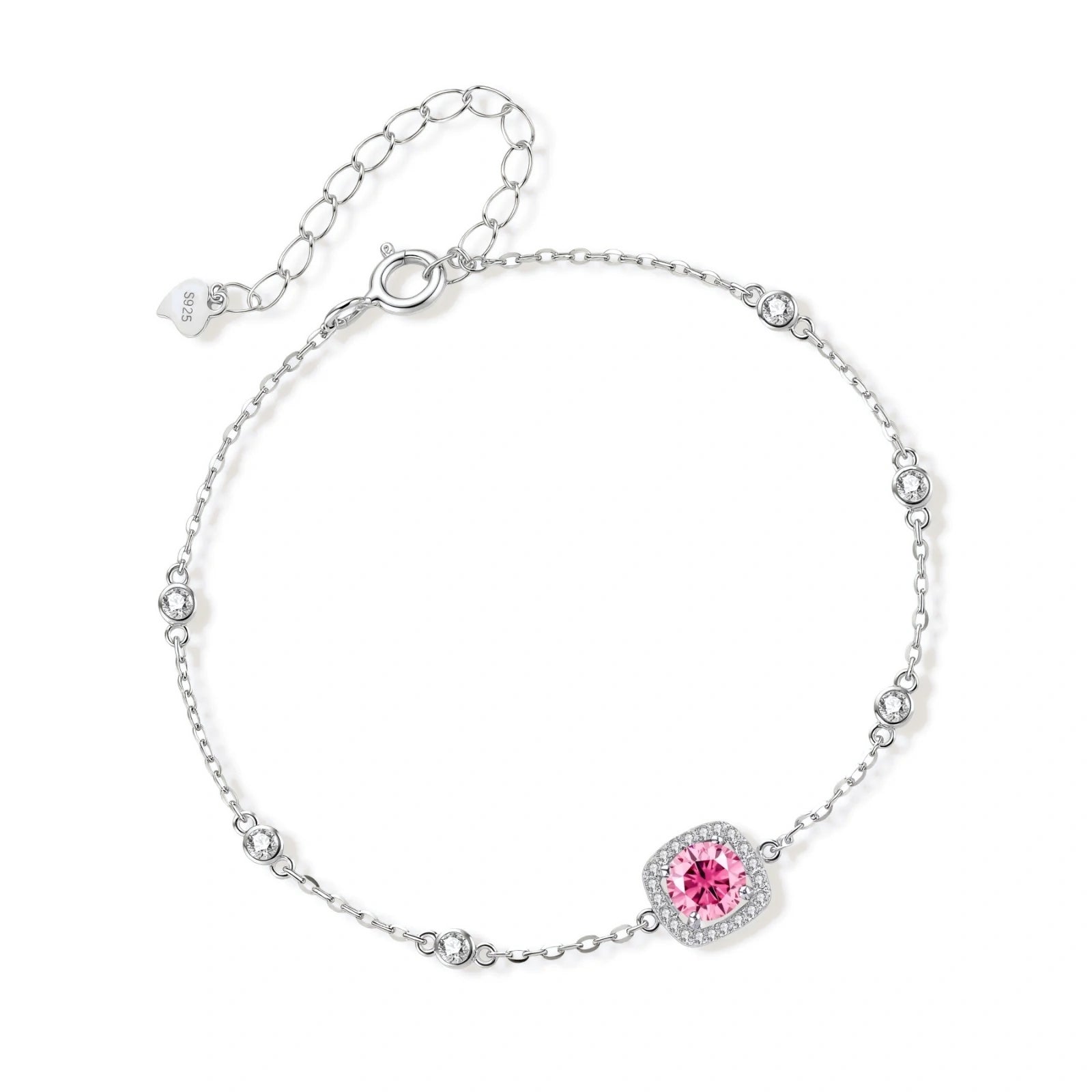 Elegant sterling silver chain bracelet featuring pink moissanite center stone in cushion halo setting with adjustable clasp