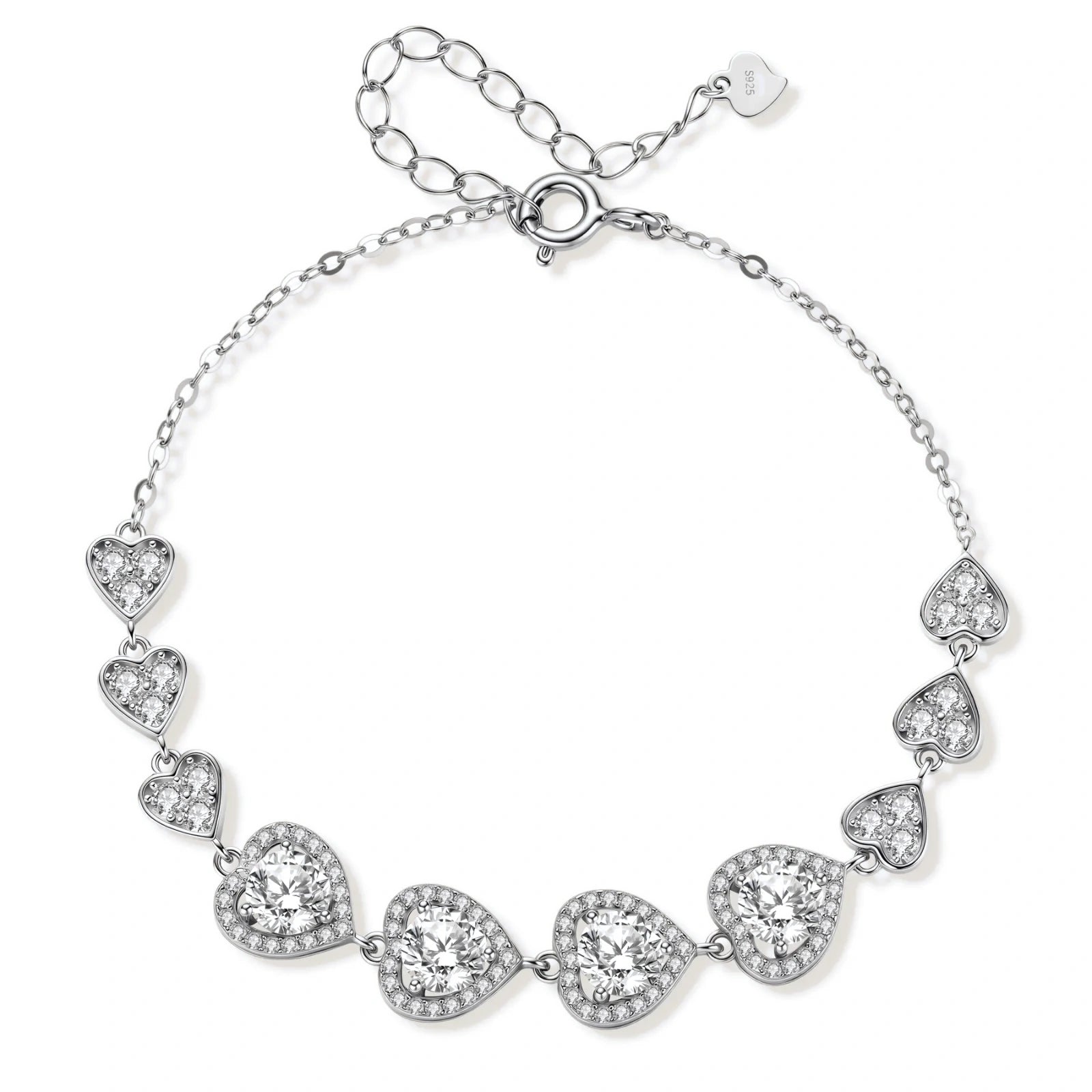 Sterling silver bracelet with graduated heart-shaped links and sparkling moissanite stones in VVS1 clarity on white background.