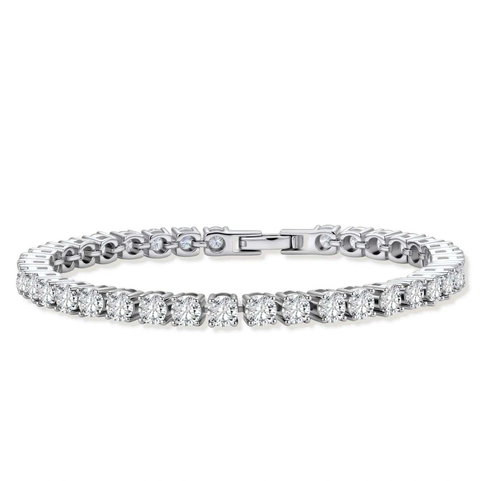 Sterling silver tennis bracelet with continuous row of brilliant moissanite stones and secure clasp closure on cream background.