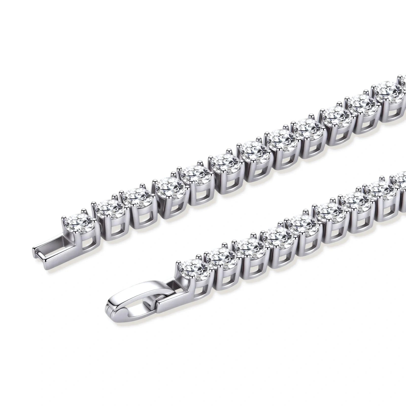 Sterling silver tennis bracelet with continuous row of brilliant moissanite stones and secure clasp closure on cream background.
