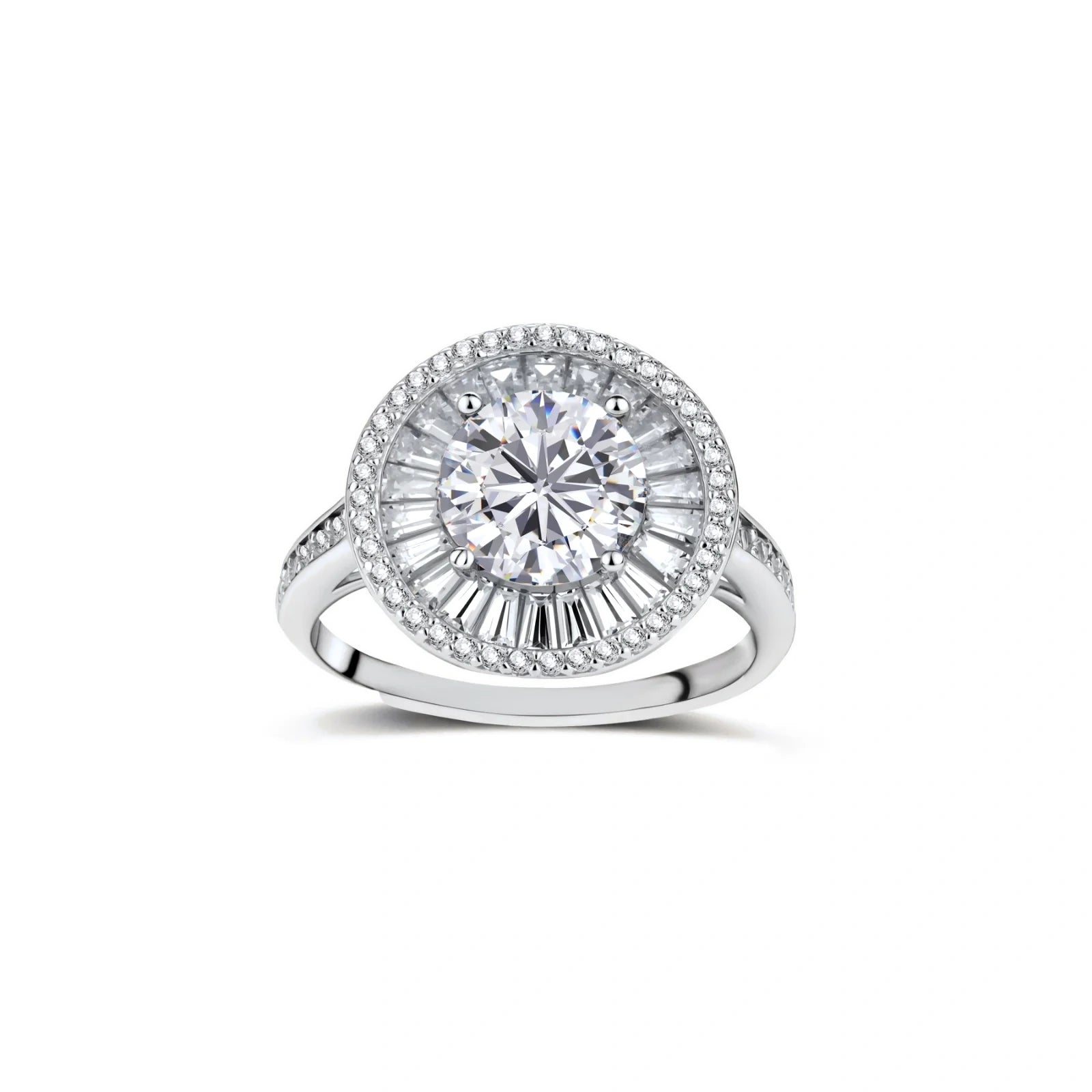 Brilliant round moissanite center stone with baguette and round halo accents in sterling silver setting on light background.