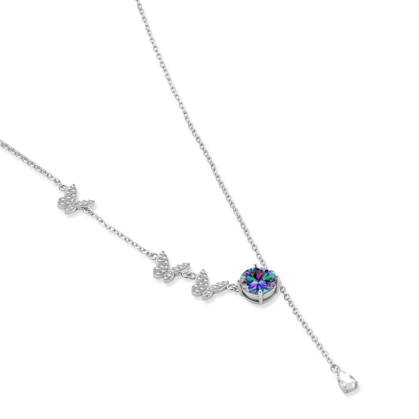 Delicate sterling silver necklace with crystal-set butterfly charms and rainbow moissanite pendant on white background.